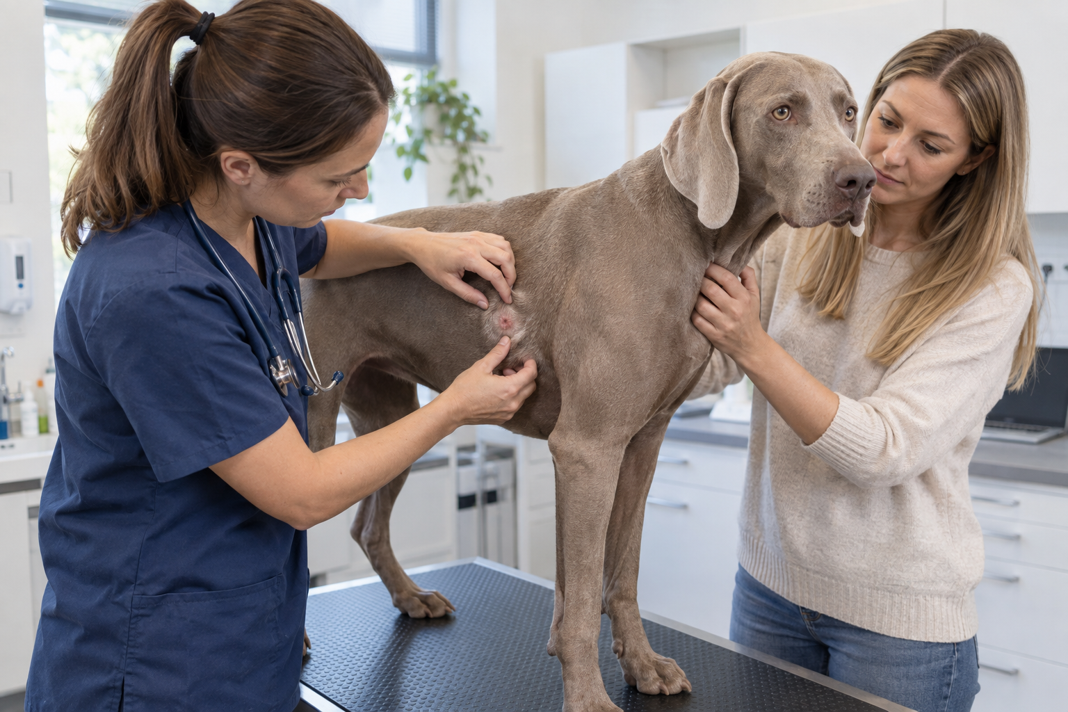 Veterinárka vyšetruje kožný vred na boku sivého psa